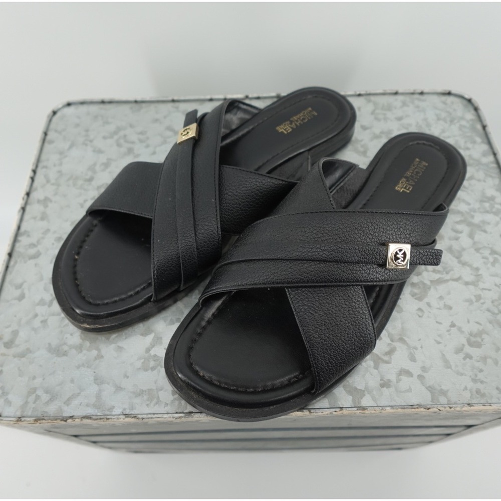 Michael Kors Black Pebbled Leather Crisscross Slide Sandals Gold MK Logo Size 8M